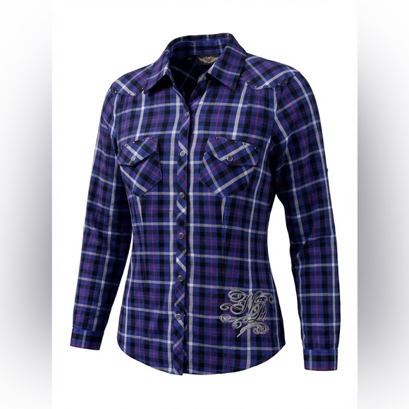 Harley-Davidson Tops - Harley-Davidson Woman Blue & Red Plaid Shirt Snap Buttons Size XS P2P 18”